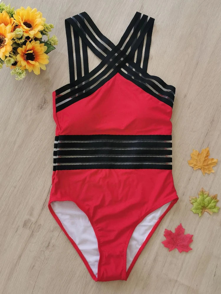 Criss-Cross Mesh High-Neck Monokini for Water Sports Monokini | Chuzko.com