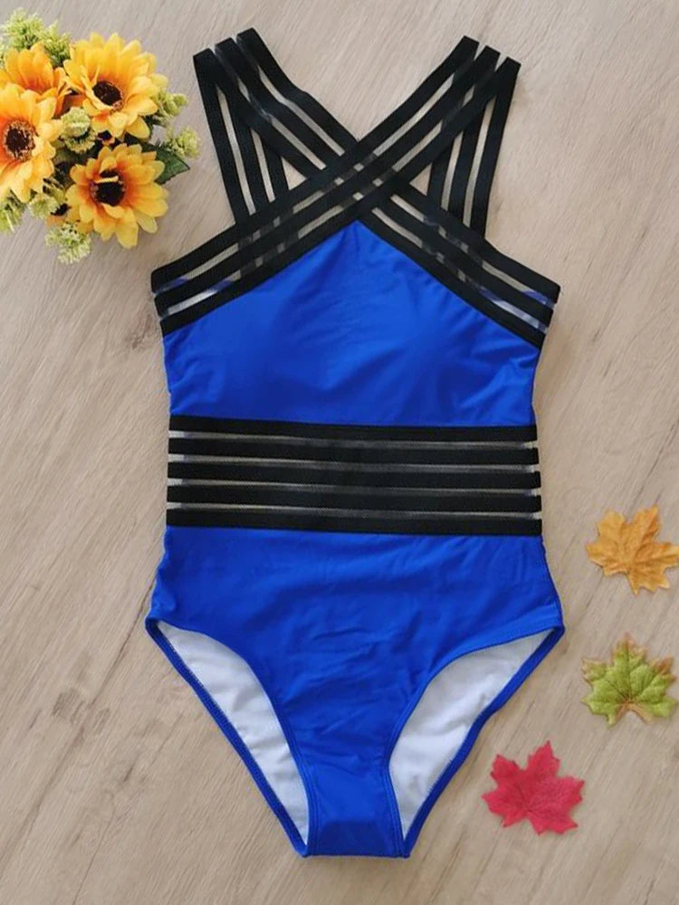 Criss-Cross Mesh High-Neck Monokini for Water Sports Monokini | Chuzko.com