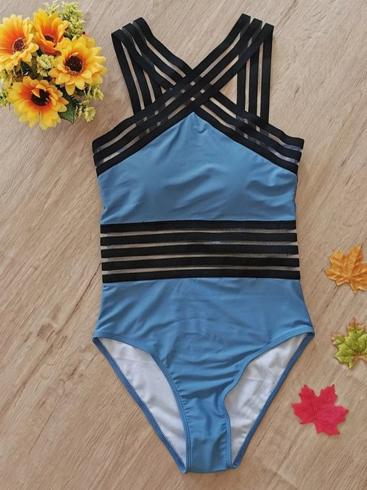 Criss-Cross Mesh High-Neck Monokini for Water Sports Monokini | Chuzko.com