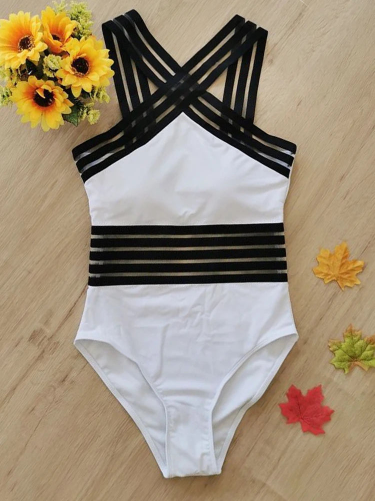 Criss-Cross Mesh High-Neck Monokini for Water Sports Monokini | Chuzko.com