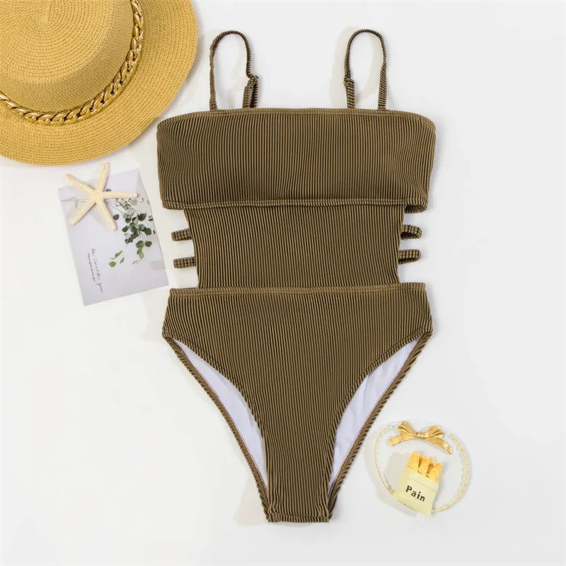 Trendy Ribbed Cut-Out Monokini for Beach & Pool Monokini | Chuzko.com