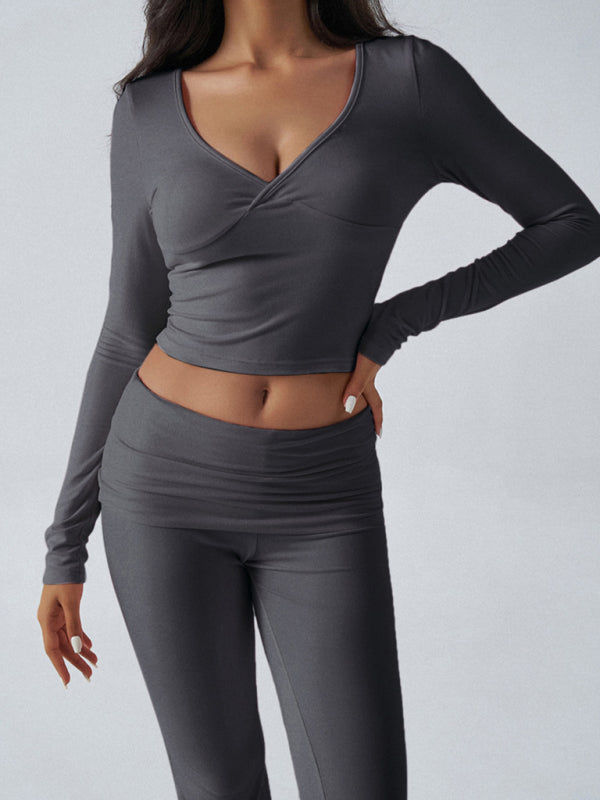 Yoga Two-Piece Set Gym Outfit Workout Gear with Flare Pants | Chuzko.com