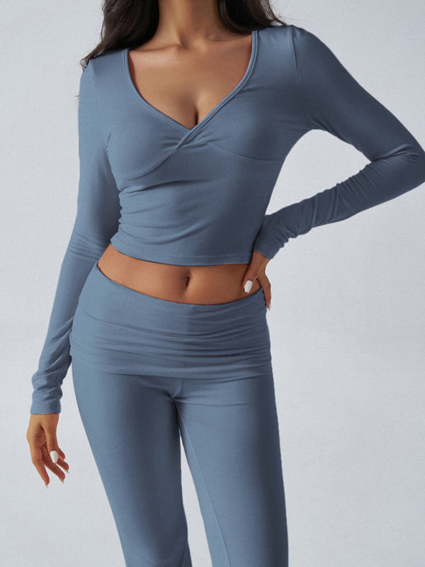 Yoga Two-Piece Set Gym Outfit Workout Gear with Flare Pants | Chuzko.com