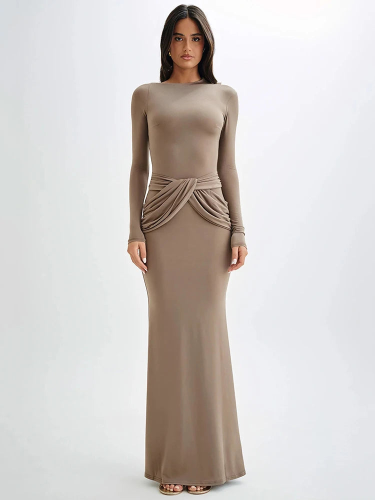 Sleek Diagonal Collar Maxi Dress for Formal Wear	