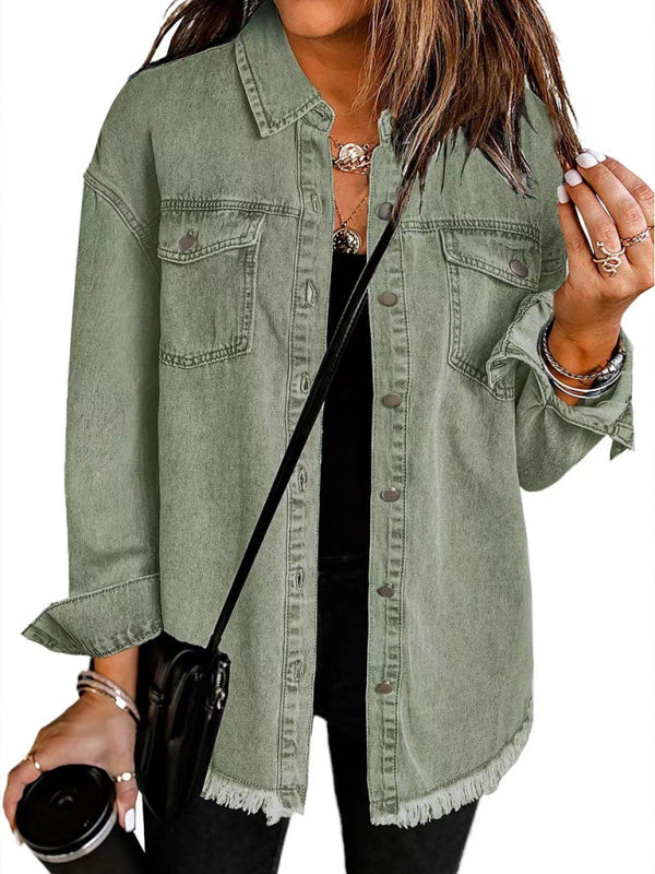 Frayed Denim Casual Shirt Shacket Denim Jackets | Chuzko.com