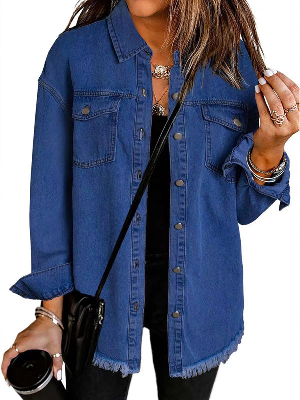 Frayed Denim Casual Shirt Shacket Denim Jackets | Chuzko.com