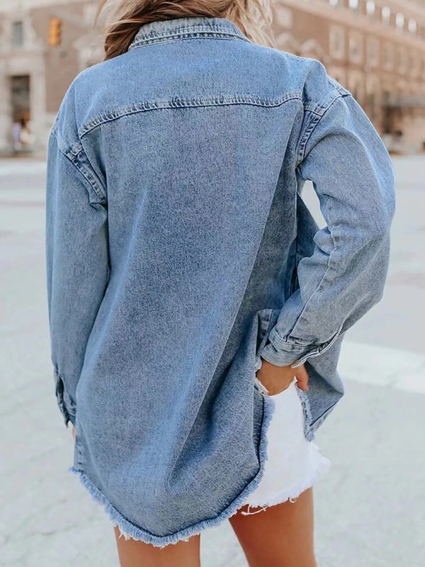 Frayed Denim Casual Shirt Shacket Denim Jackets | Chuzko.com