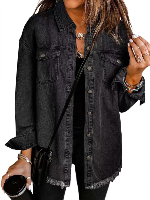 Frayed Denim Casual Shirt Shacket Denim Jackets | Chuzko.com