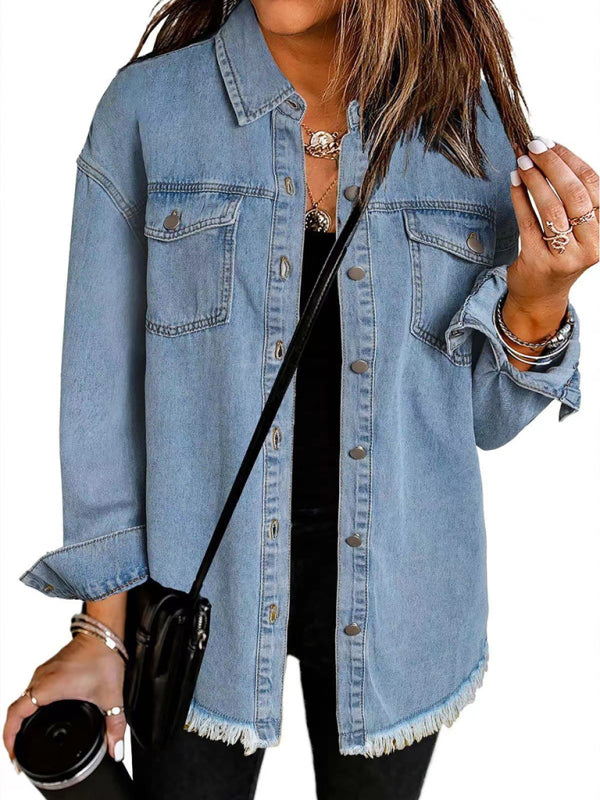 Frayed Denim Casual Shirt Shacket Denim Jackets | Chuzko.com