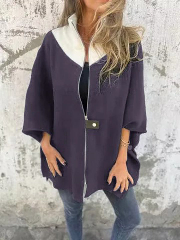 Kimono Sleeve Fleece Cape Zip-Up Jacket Women Jackets | Chuzko.com