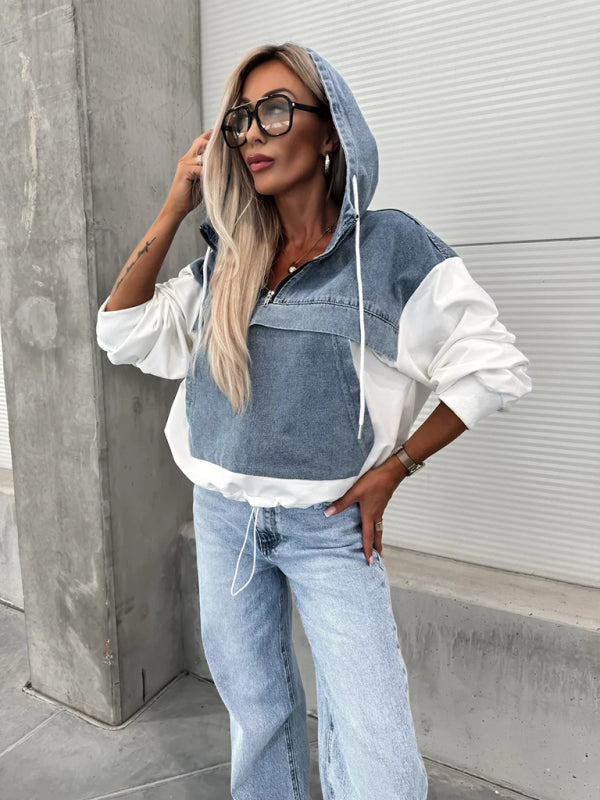 Denim Hoodie for Women Patchwork Sweatshirt	