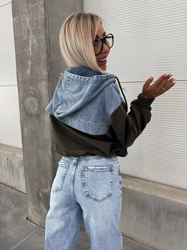 Denim Hoodie for Women Patchwork Sweatshirt Hoodies | Chuzko.com