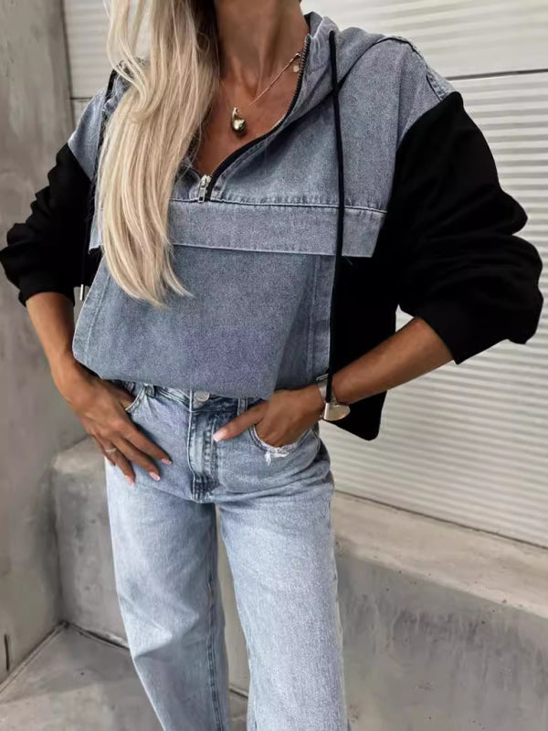 Denim Hoodie for Women Patchwork Sweatshirt Hoodies | Chuzko.com