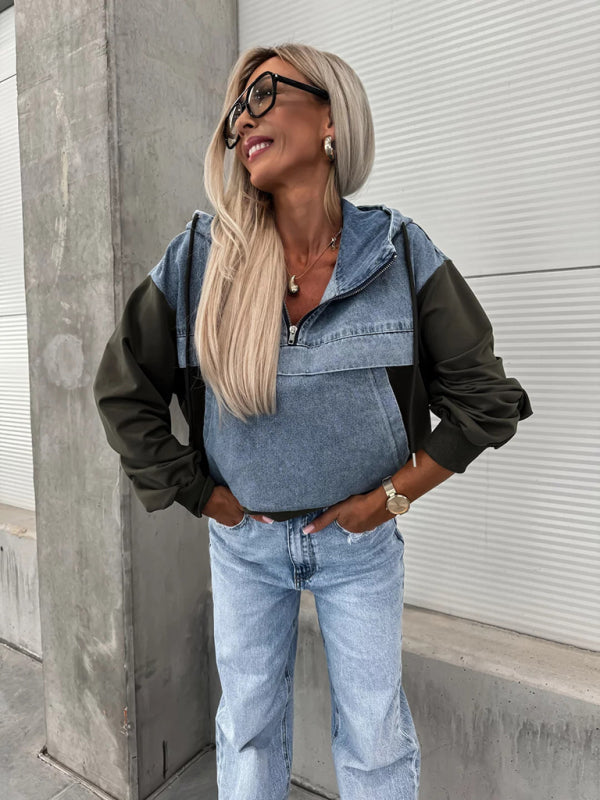 Denim Hoodie for Women Patchwork Sweatshirt Hoodies | Chuzko.com