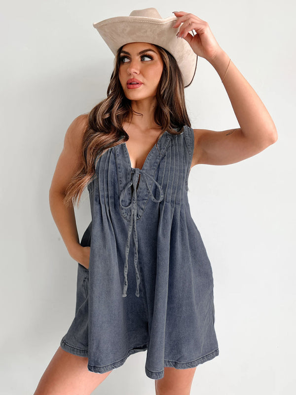 Casual Pleated Playsuit Denim Blue Romper Rompers | Chuzko.com