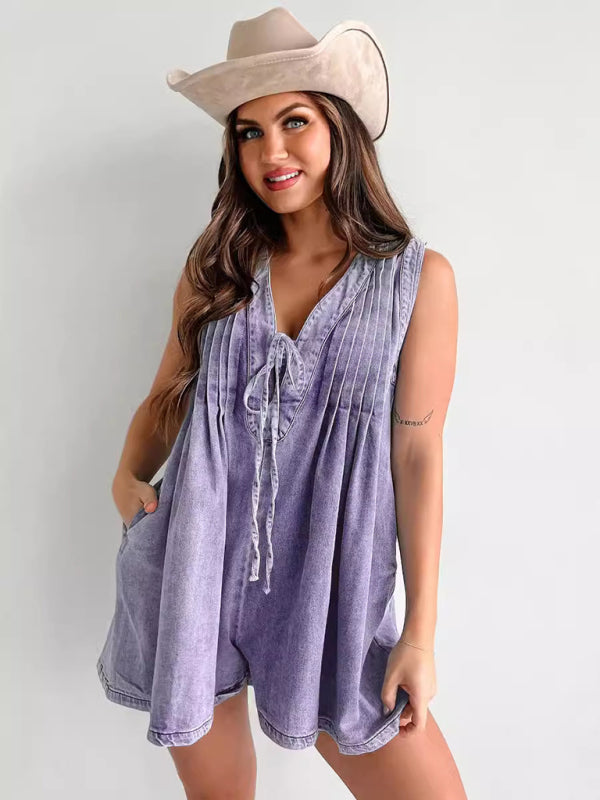 Casual Pleated Playsuit Denim Blue Romper Rompers | Chuzko.com