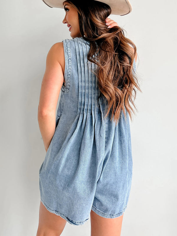 Casual Pleated Playsuit Denim Blue Romper Rompers | Chuzko.com