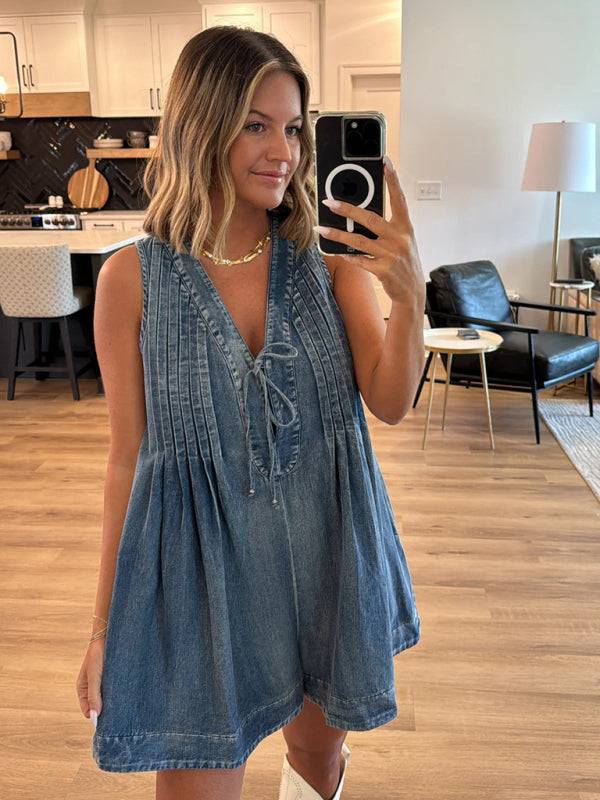 Casual Pleated Playsuit Denim Blue Romper Rompers | Chuzko.com