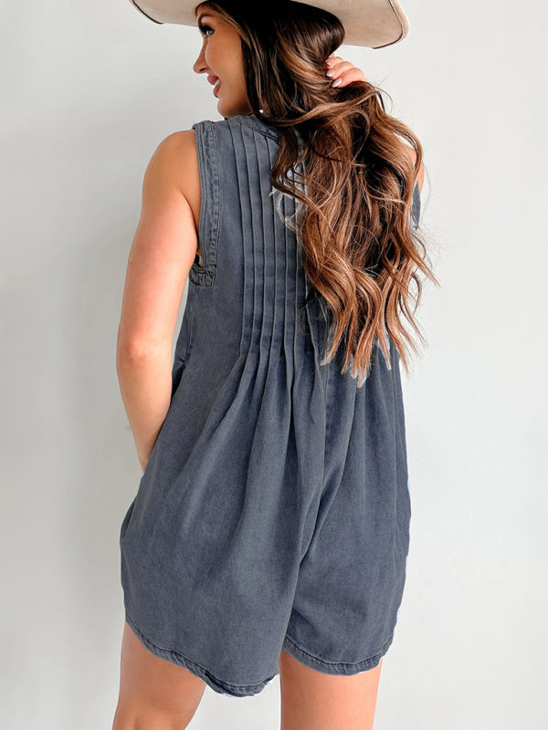 Casual Pleated Playsuit Denim Blue Romper Rompers | Chuzko.com