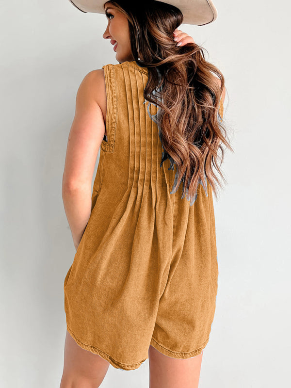 Casual Pleated Playsuit Denim Blue Romper Rompers | Chuzko.com