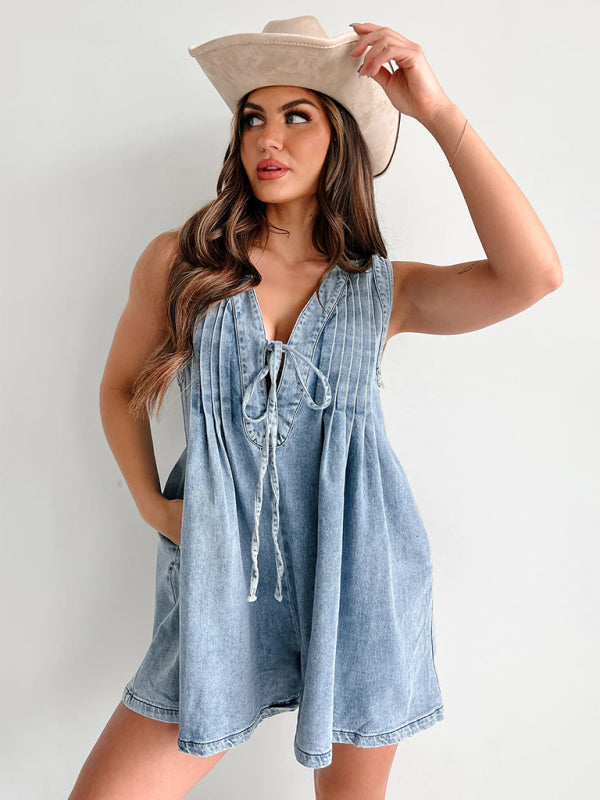 Casual Pleated Playsuit Denim Blue Romper Rompers | Chuzko.com