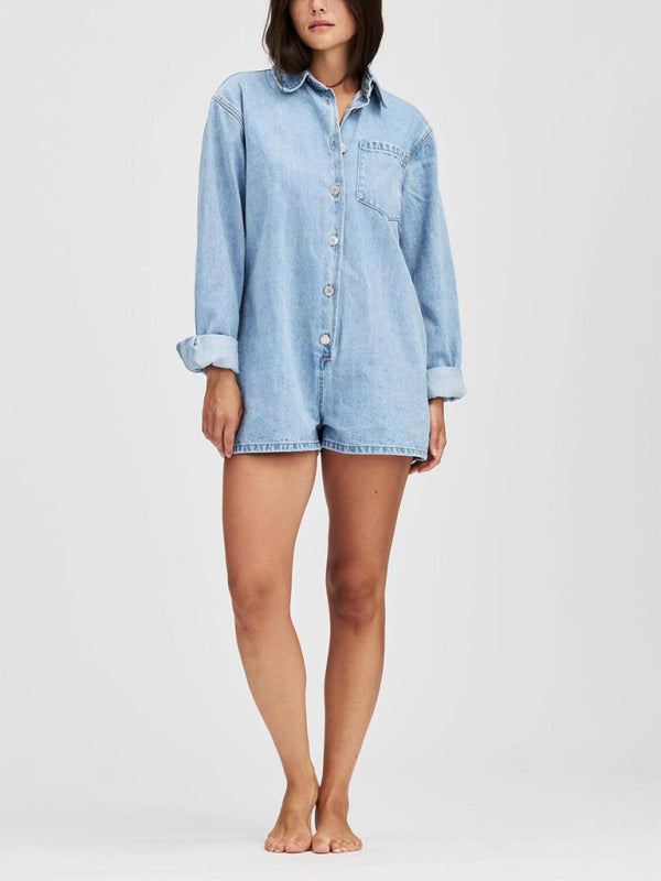 Denim Long-Sleeve Playsuit Romper for Women	