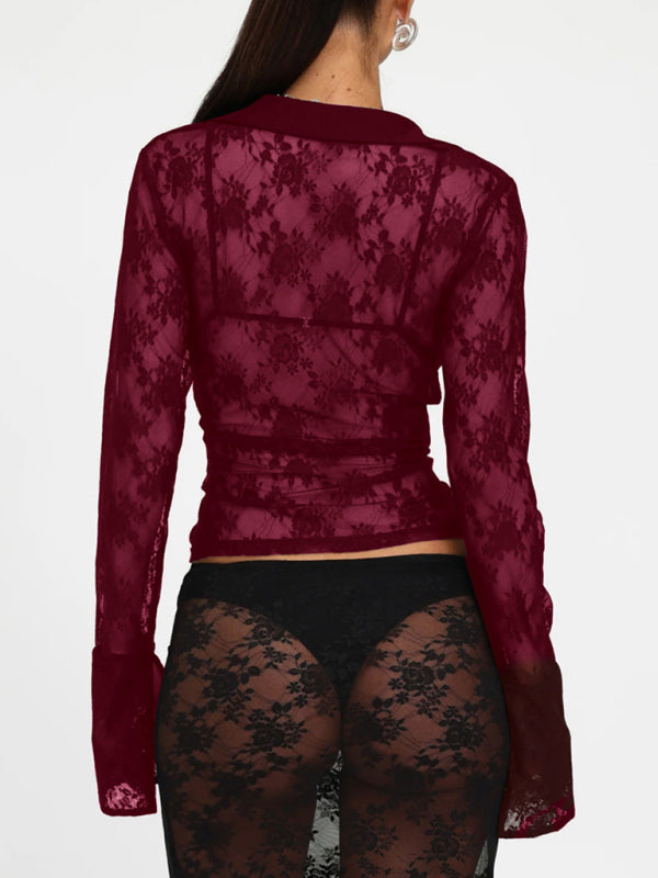 Lace V-Neck Blouse See-through Business Casual Top Blouses | Chuzko.com