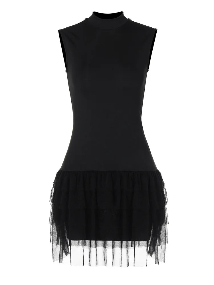 Black Sleeveless Mini Dress with Mesh Skirt for Party Bodycon | Chuzko.com