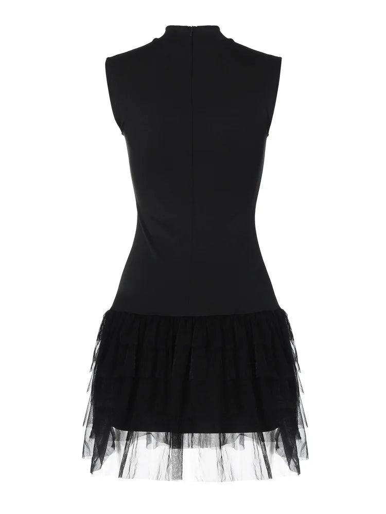 Black Sleeveless Mini Dress with Mesh Skirt for Party Bodycon | Chuzko.com