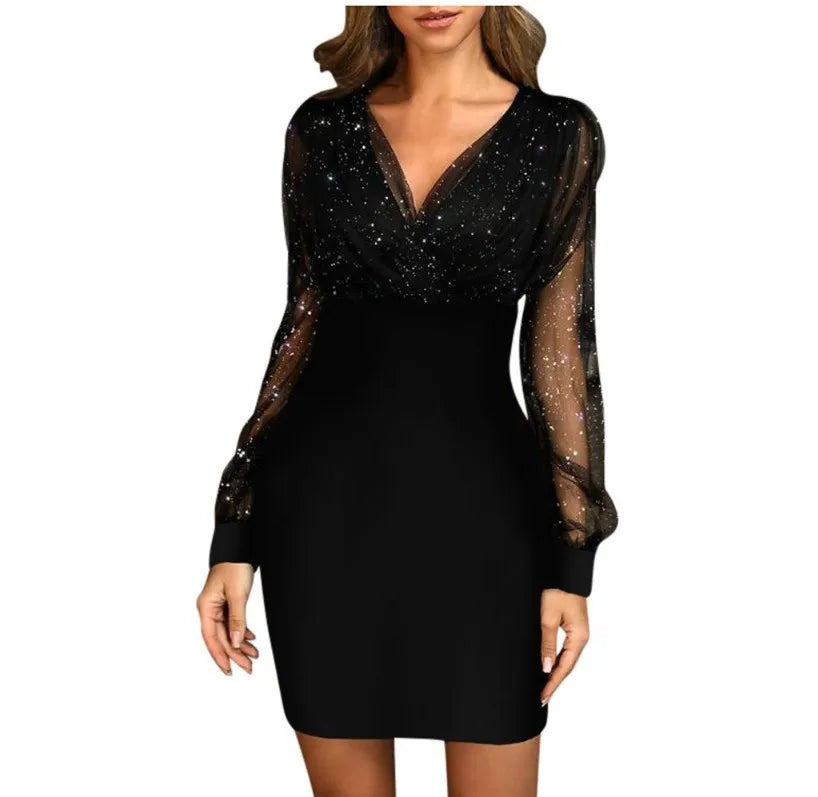 Black Sequin Mini Dress with Sheer Mesh Sleeves	