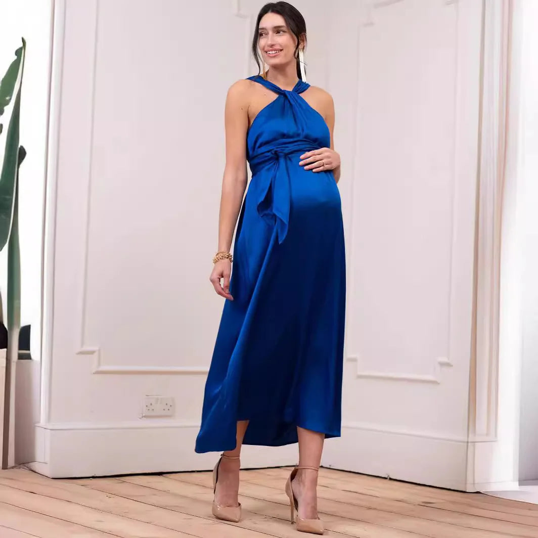 Elegant A-Line Maternity Midi Dress with Bow Detail	