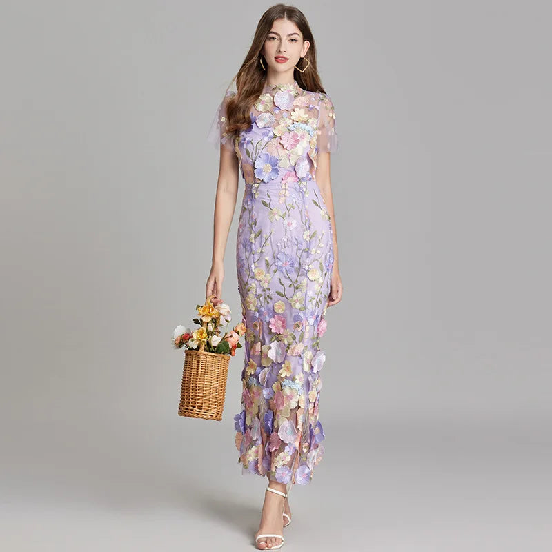 Elegant Mesh Fishtail Dress with 3D Flower Appliqué Maxi Dresses | Chuzko.com