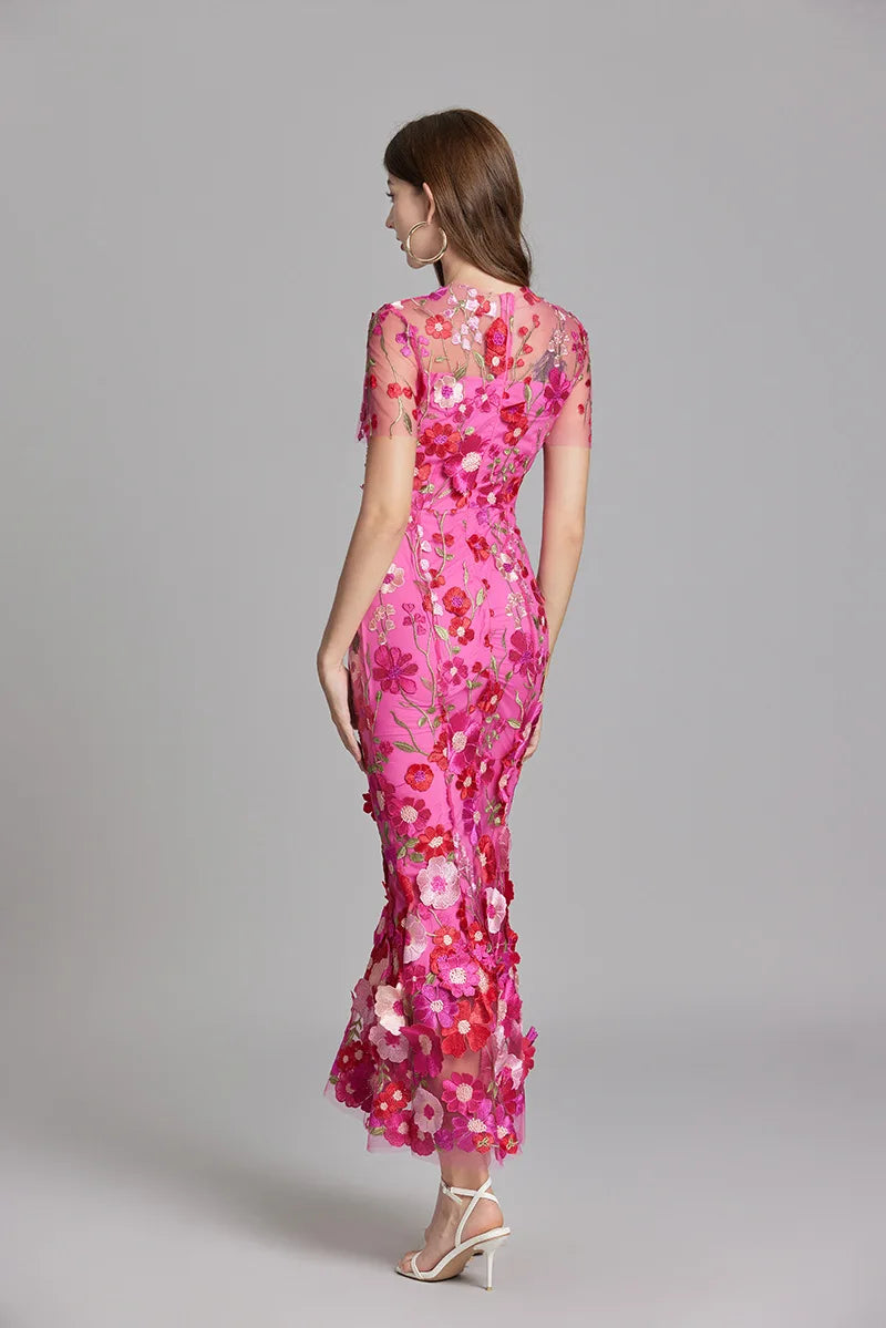 Elegant Mesh Fishtail Dress with 3D Flower Appliqué Maxi Dresses | Chuzko.com