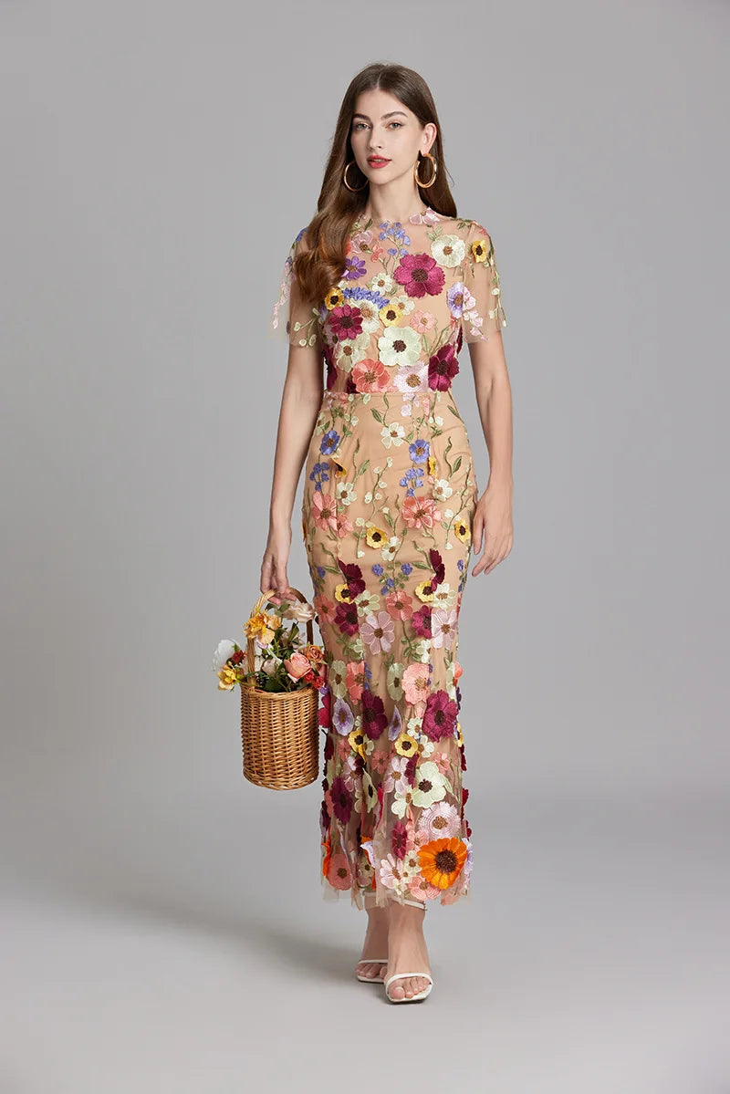 Elegant Mesh Fishtail Dress with 3D Flower Appliqué Maxi Dresses | Chuzko.com