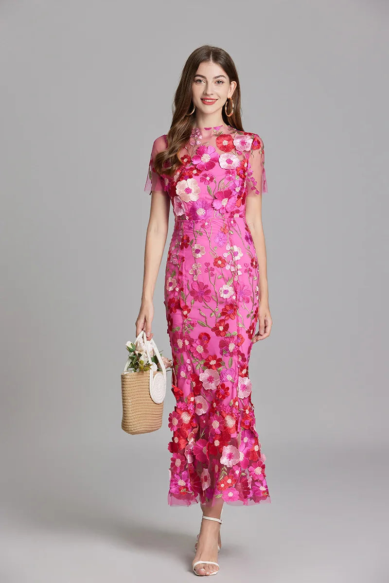 Elegant Mesh Fishtail Dress with 3D Flower Appliqué Maxi Dresses | Chuzko.com