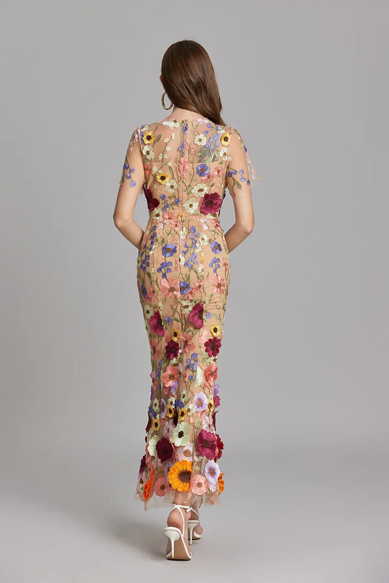 Elegant Mesh Fishtail Dress with 3D Flower Appliqué Maxi Dresses | Chuzko.com