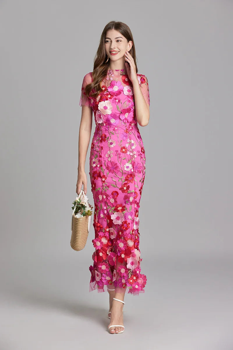 Elegant Mesh Fishtail Dress with 3D Flower Appliqué Maxi Dresses | Chuzko.com