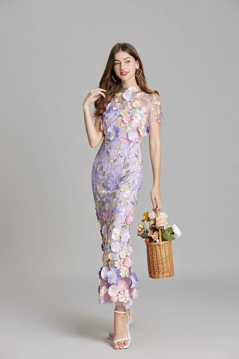 Elegant Mesh Fishtail Dress with 3D Flower Appliqué Maxi Dresses | Chuzko.com