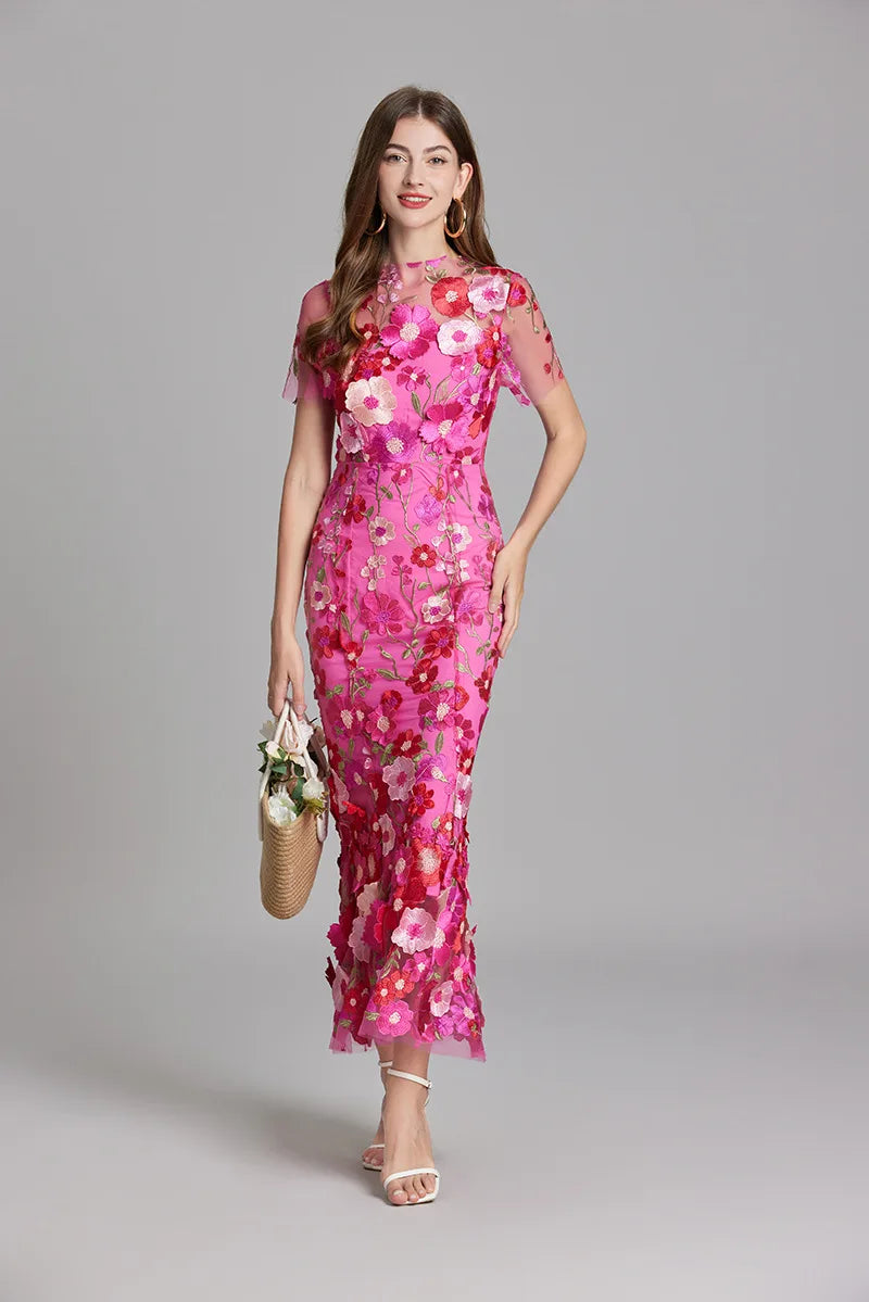 Elegant Mesh Fishtail Dress with 3D Flower Appliqué Maxi Dresses | Chuzko.com