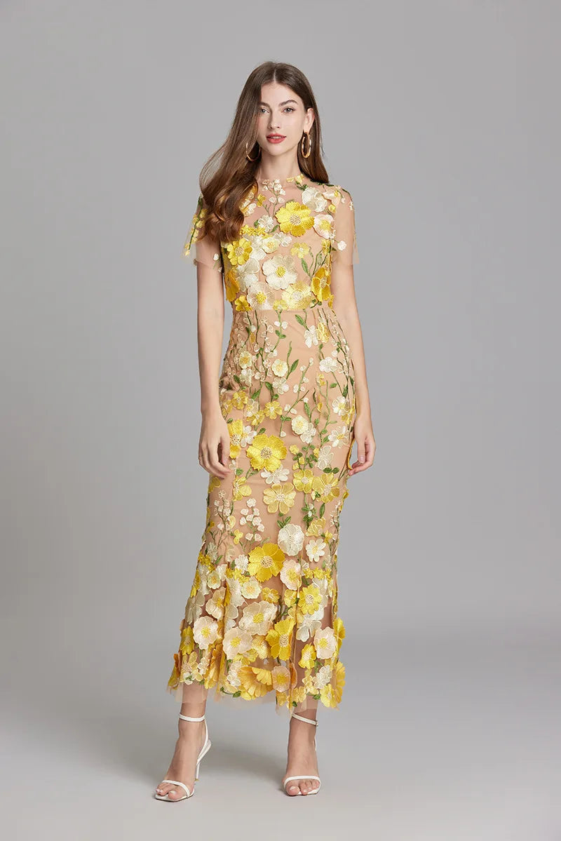 Elegant Mesh Fishtail Dress with 3D Flower Appliqué Maxi Dresses | Chuzko.com