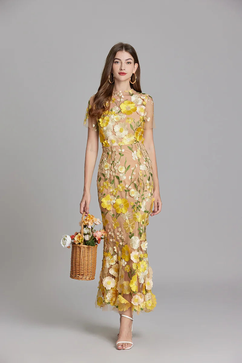 Elegant Mesh Fishtail Dress with 3D Flower Appliqué Maxi Dresses | Chuzko.com