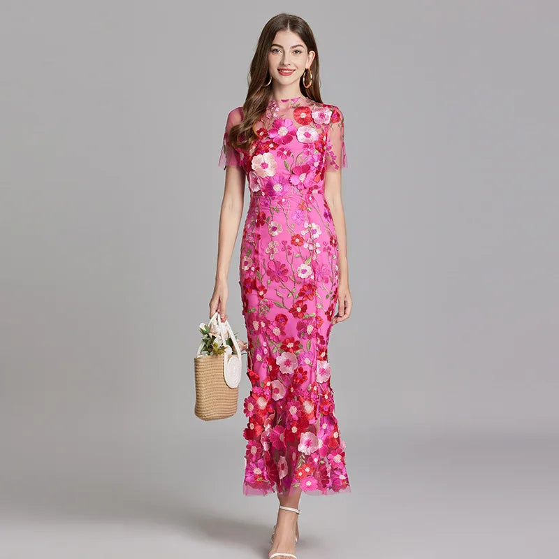 Elegant Mesh Fishtail Dress with 3D Flower Appliqué Maxi Dresses | Chuzko.com