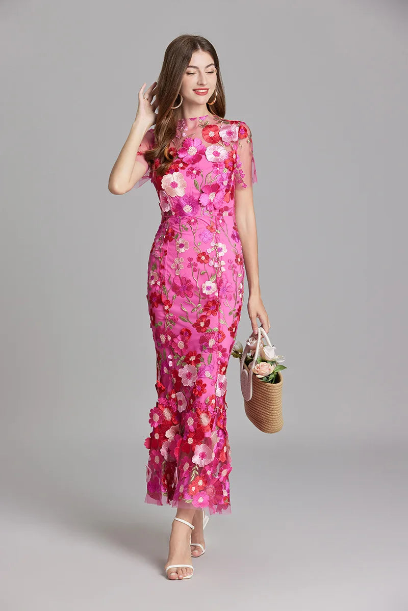 Elegant Mesh Fishtail Dress with 3D Flower Appliqué Maxi Dresses | Chuzko.com