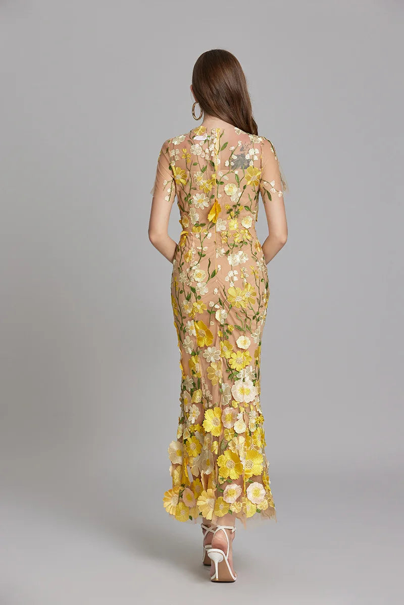 Elegant Mesh Fishtail Dress with 3D Flower Appliqué Maxi Dresses | Chuzko.com