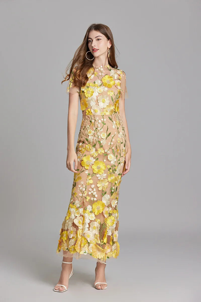 Elegant Mesh Fishtail Dress with 3D Flower Appliqué Maxi Dresses | Chuzko.com