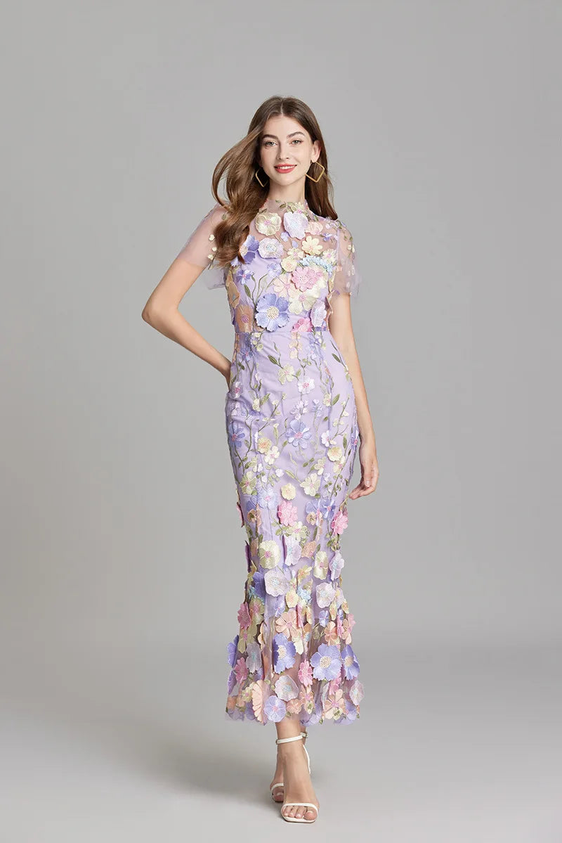 Elegant Mesh Fishtail Dress with 3D Flower Appliqué Maxi Dresses | Chuzko.com