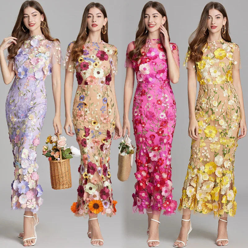 Elegant Mesh Fishtail Dress with 3D Flower Appliqué Maxi Dresses | Chuzko.com