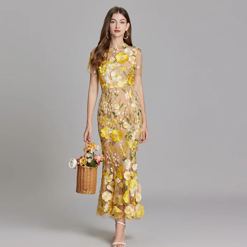 Elegant Mesh Fishtail Dress with 3D Flower Appliqué Maxi Dresses | Chuzko.com