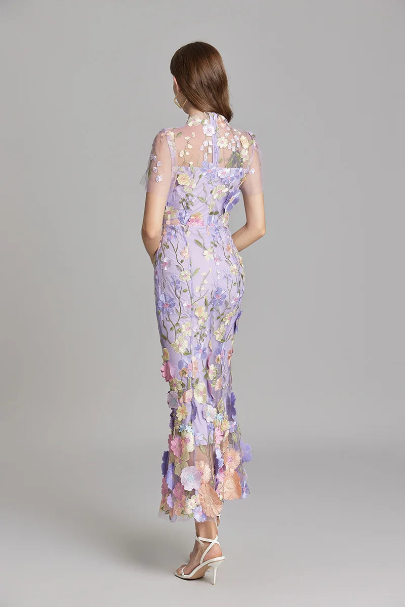 Elegant Mesh Fishtail Dress with 3D Flower Appliqué Maxi Dresses | Chuzko.com