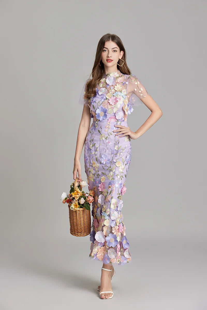 Elegant Mesh Fishtail Dress with 3D Flower Appliqué Maxi Dresses | Chuzko.com